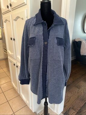 Free People Navy Blue Teddy Jacket with Button Front